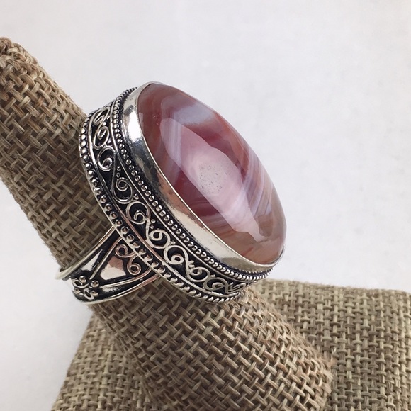 New Botswana Agate Statement Silver Overlay Vintage Style Ring Size 7.5 - Picture 10 of 12